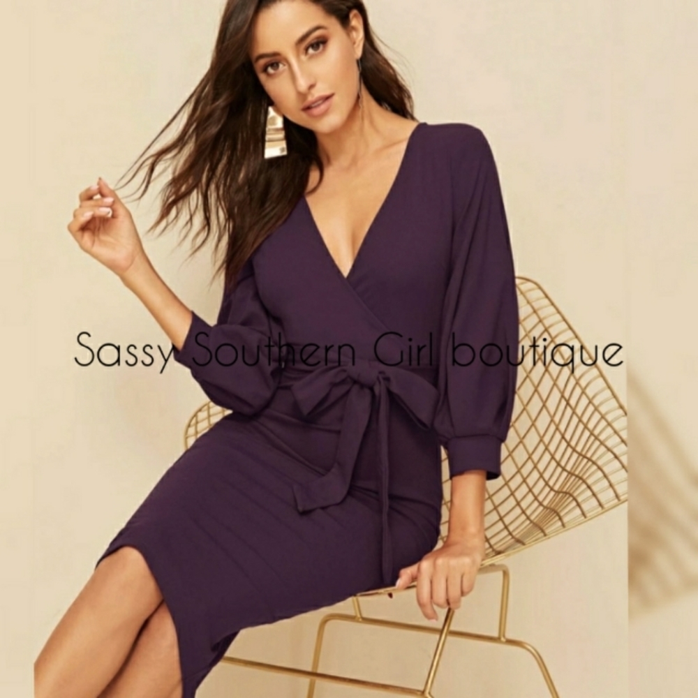 🆕⭐Plum purple deep v-neck midi pencil dress